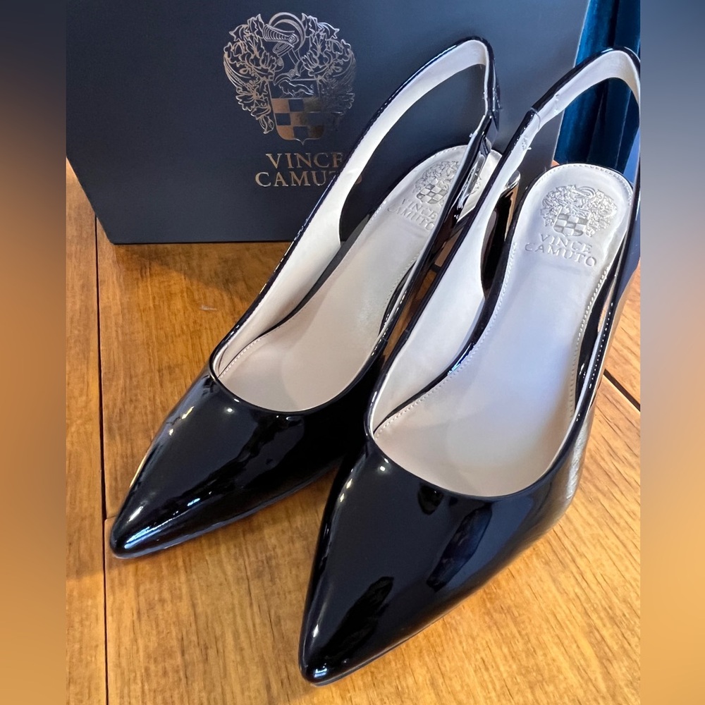 VC Hamden Pointed Toe Slingback Pump.  “Soft patent” black, gold trim on heels.